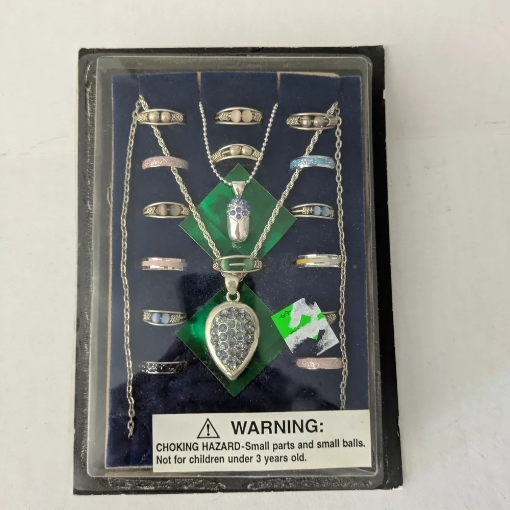 Vintage Vending Machine Silver Jewelry Set with Blue Accents.Necklaces And Rings